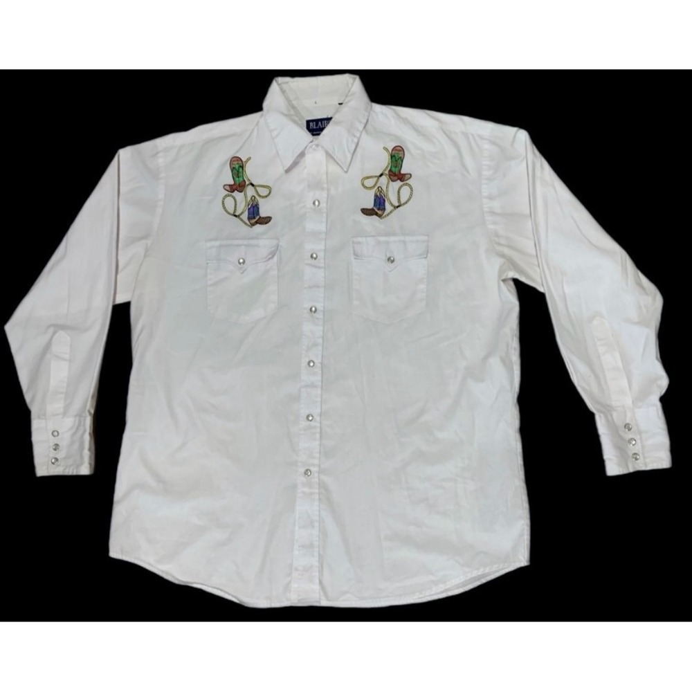 Blair Mens White Western Pearl Snap Shirt Embroidered Cowboy Ranch Vintage L 90s